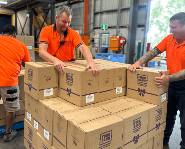 Foodbank Emergency Hampers being stacked on pallet