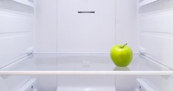 The image features a single green apple placed on a glass shelf inside a clean, empty refrigerator.